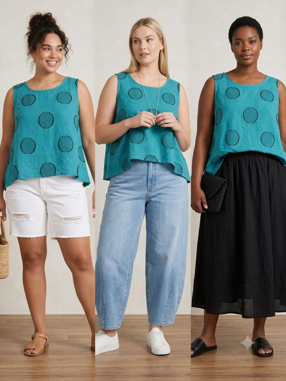Chalet Et Ceci Linen Top Asymmetric Lagenlook USA Blue Black polka dot Circle-XL